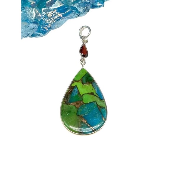 unbranded Jewelry - Kingman Green Turquoise Garnet Necklace Pendant Solid 925 Sterling Silver